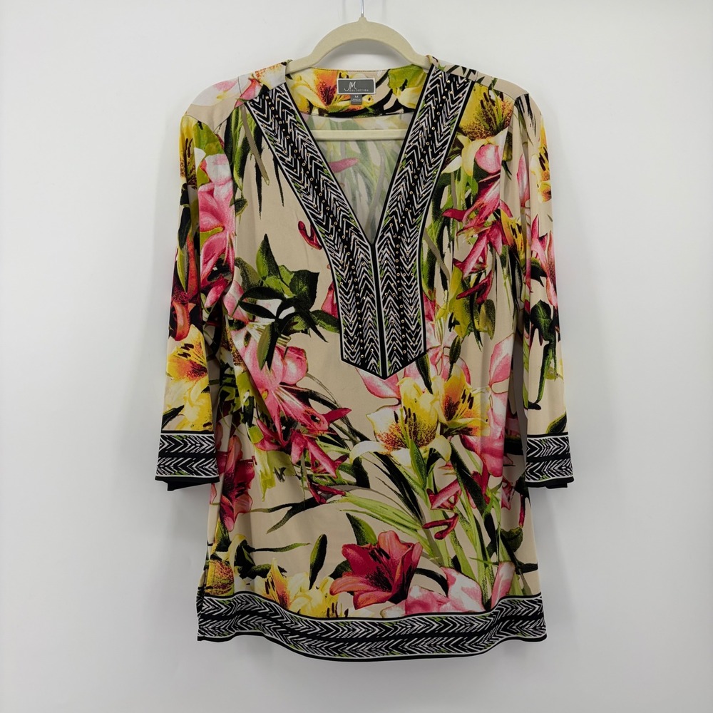 JM Collection Womens M Tan Pink Floral Tunic‎ Top 3/4 Sleeve V-Neck Border Print